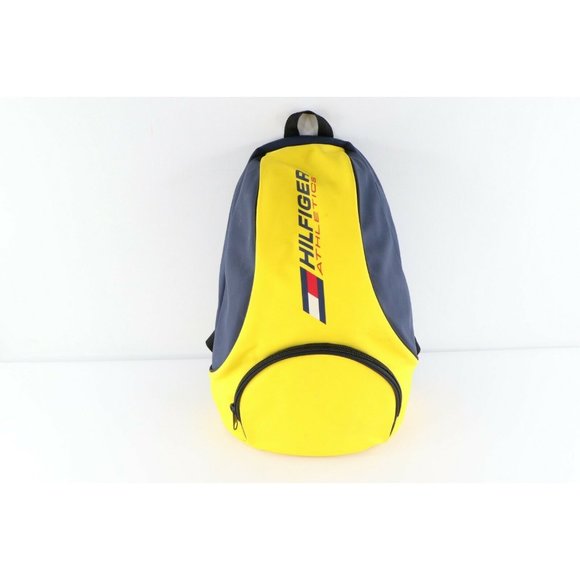 Vintage 90s Tommy Hilfiger Spell Out Flag Logo Backpack Book Bag Yellow Navy